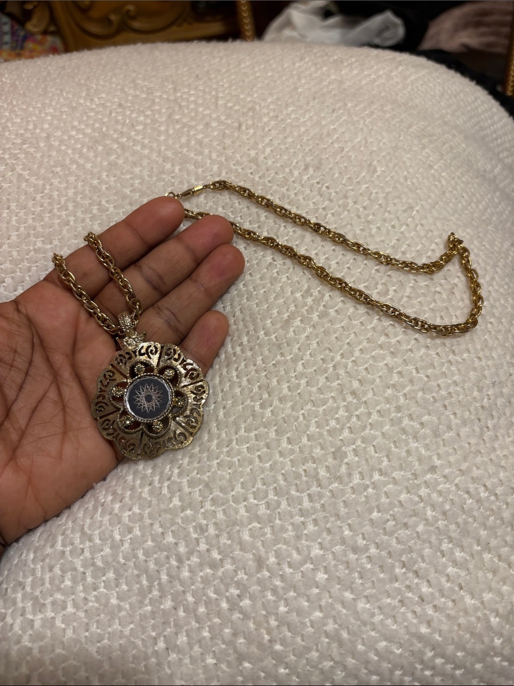 Gold-Tone Filigree Pendant Necklace with Navy Center